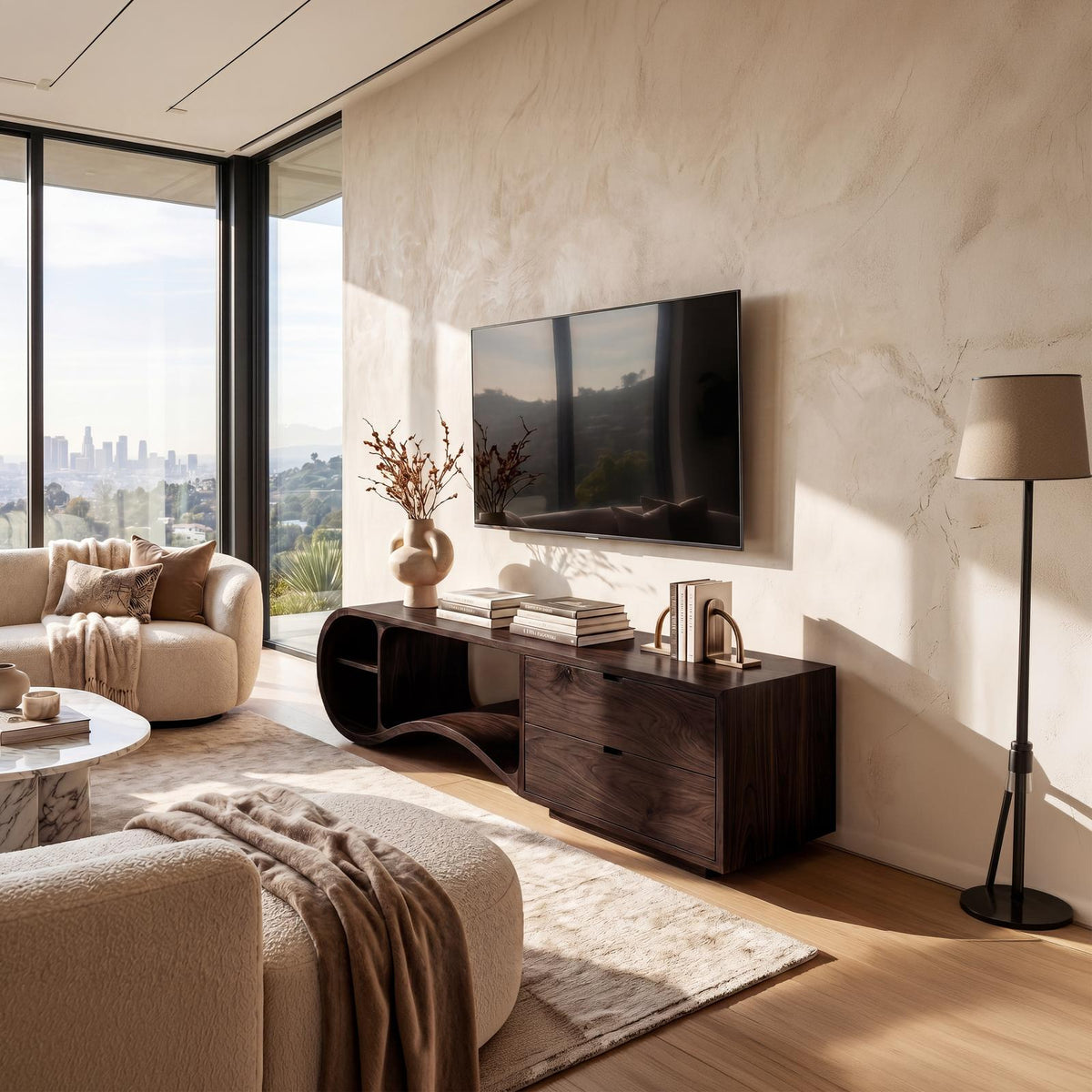 Contemporary Organic TV Cabinet, Handcrafted Wavy Edge Solid Wood Media Sideboard Console & Entertainment Board Stand