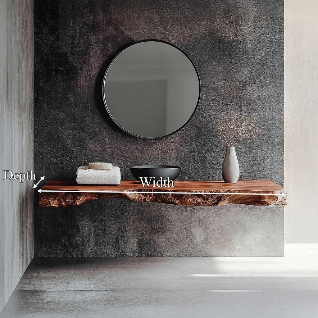 Spry Interior Minimalist Rustic Bathroom Vanity, Floating Live Edge Solid Wood Sink Console Shelf & Bathroom Organizer, SINLSABRV258