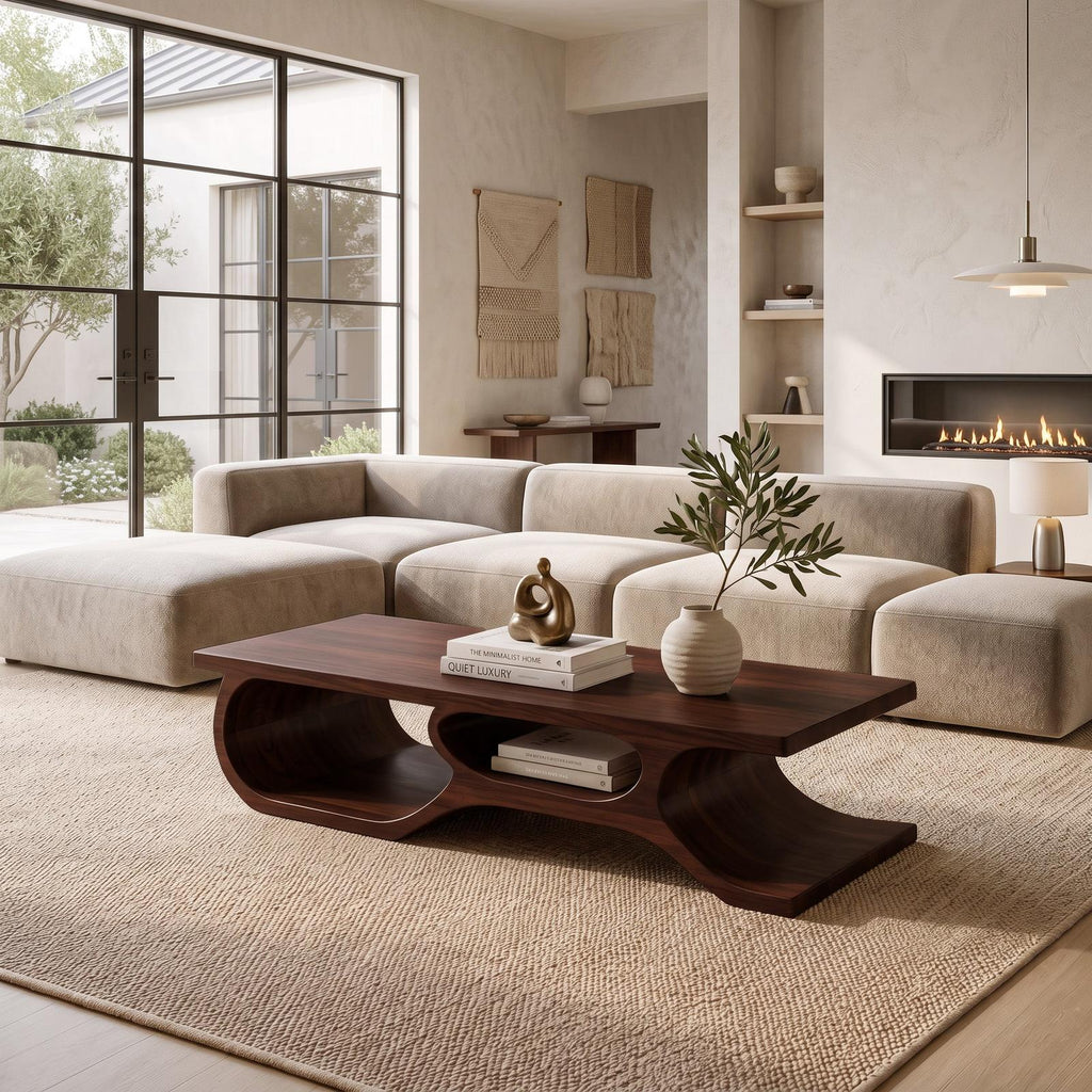 Organic Wooden Coffee Table with Open Shelf Design, Modern Low Profile Storage Center Table, Model