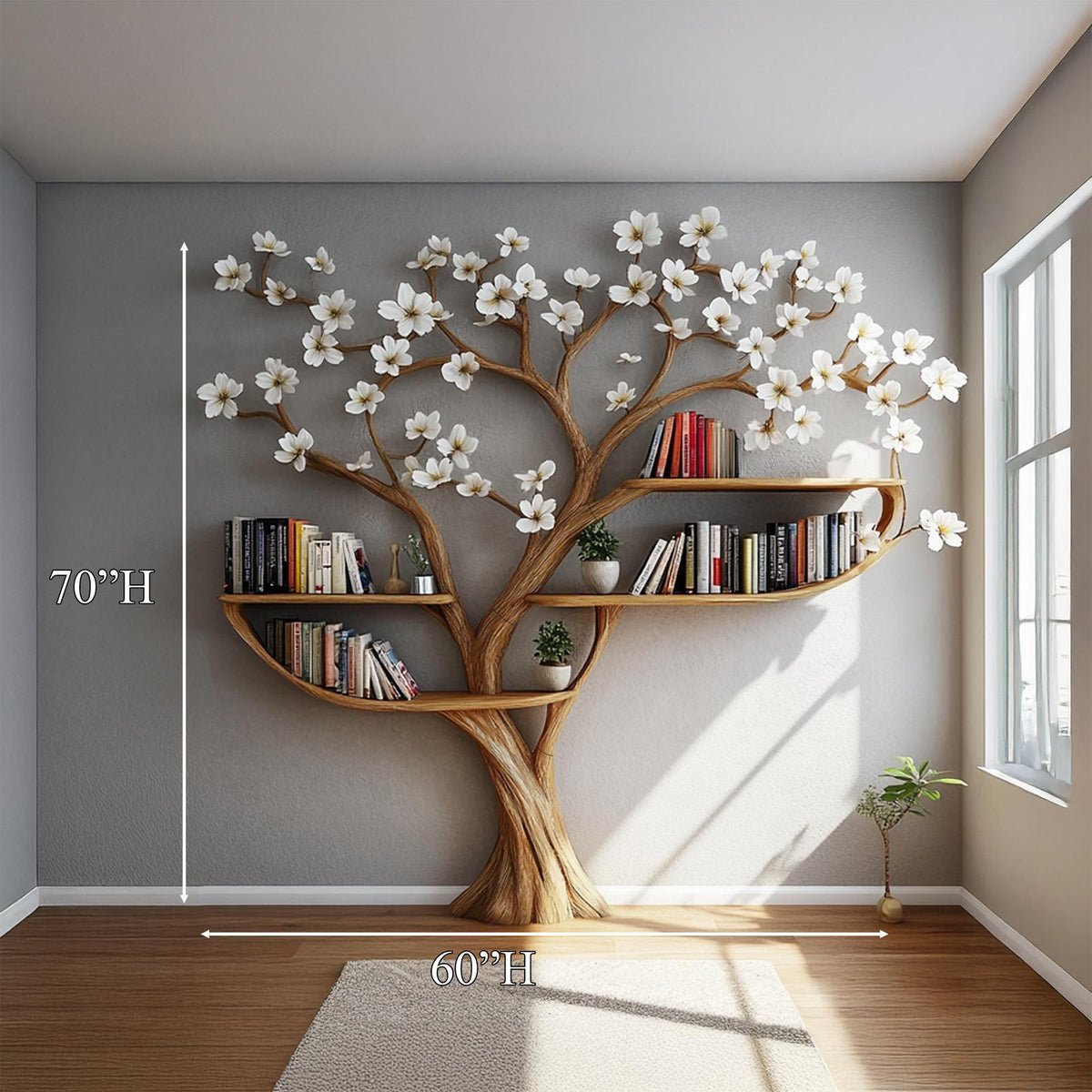 Rustic Tree Shaped Wood Bookshelf, Flower Design Branch Bookcase & Storage Organizer for Living Room, Bedroom