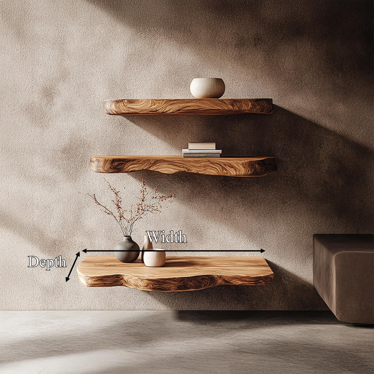 Rustic Nature Inspired Floating Display Shelves Solid Wood Living Room Interior Statement Feature