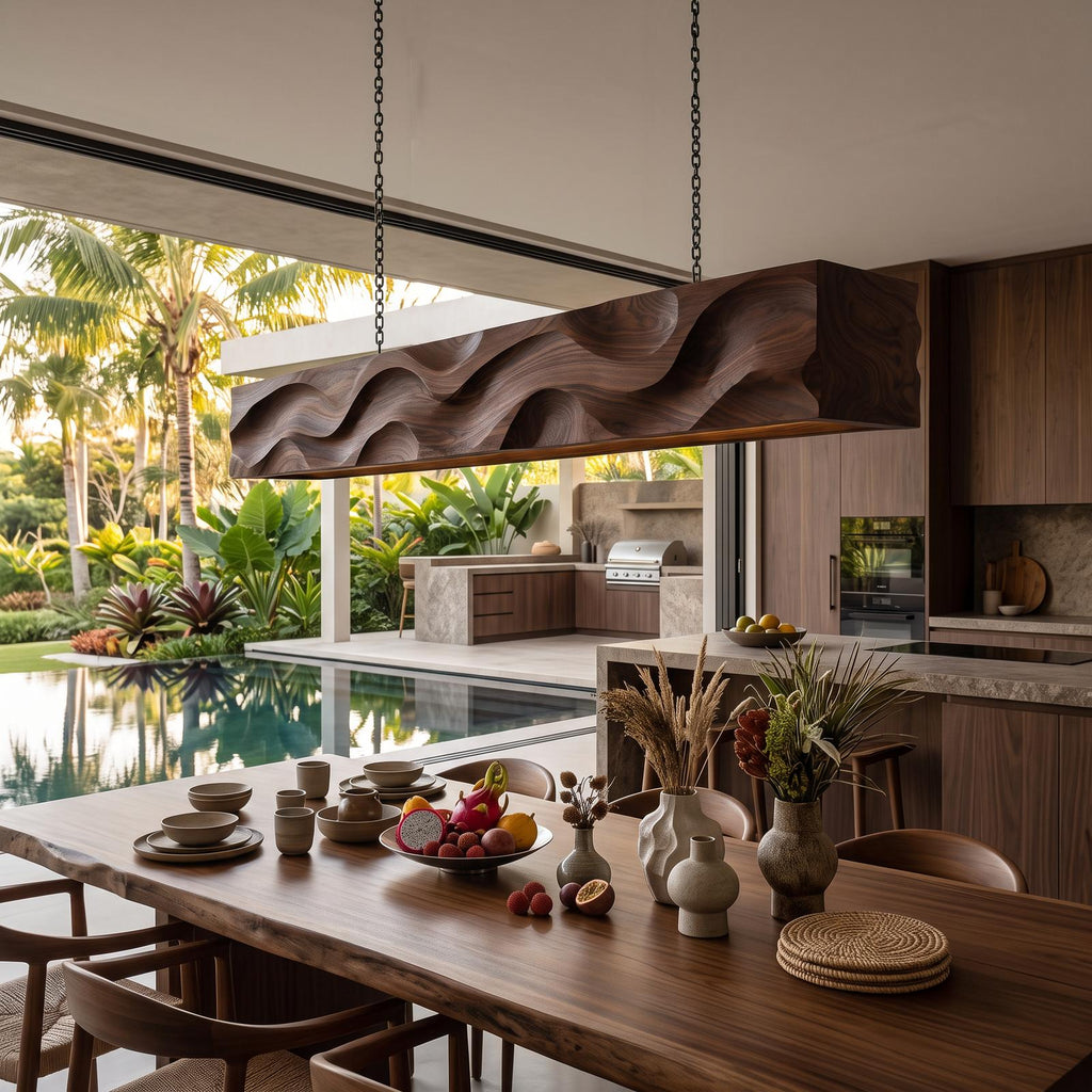 Modern Pendant Lighting with Carved Wave Wood Design, Handcrafted Hanging Ceiling Light for Dining Room & Island
