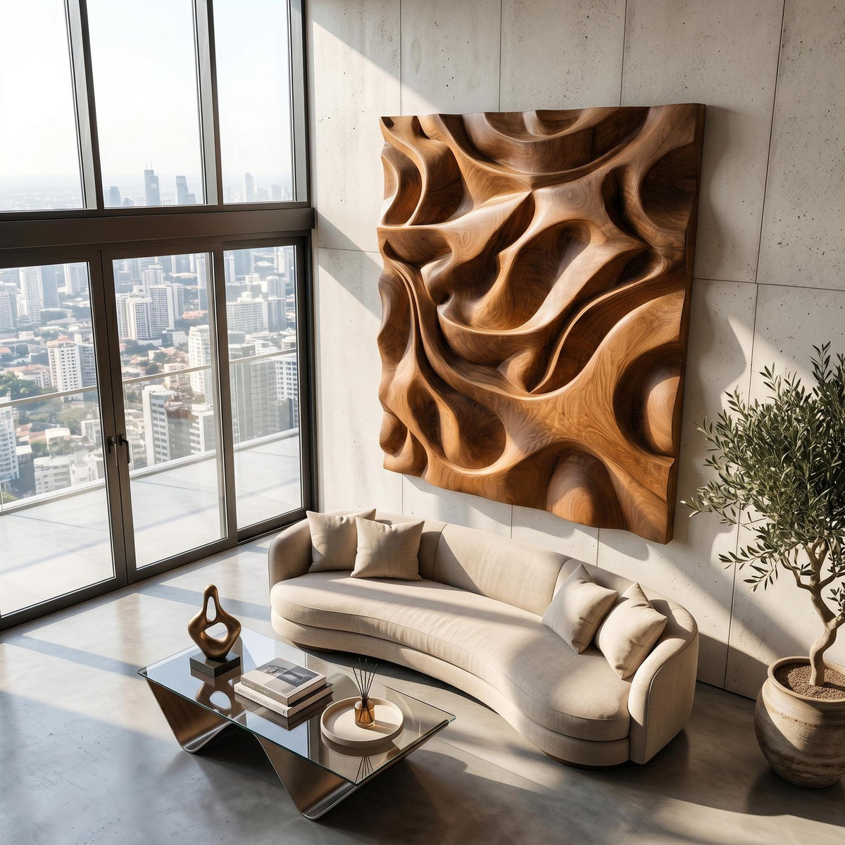 Spry Interior Luxury Sculptural Relief Wood Wall Art, 3D Hand-Carved Solid Wood Abstract Hanging Panel for Executive Office Decor, SILDTTRWA125