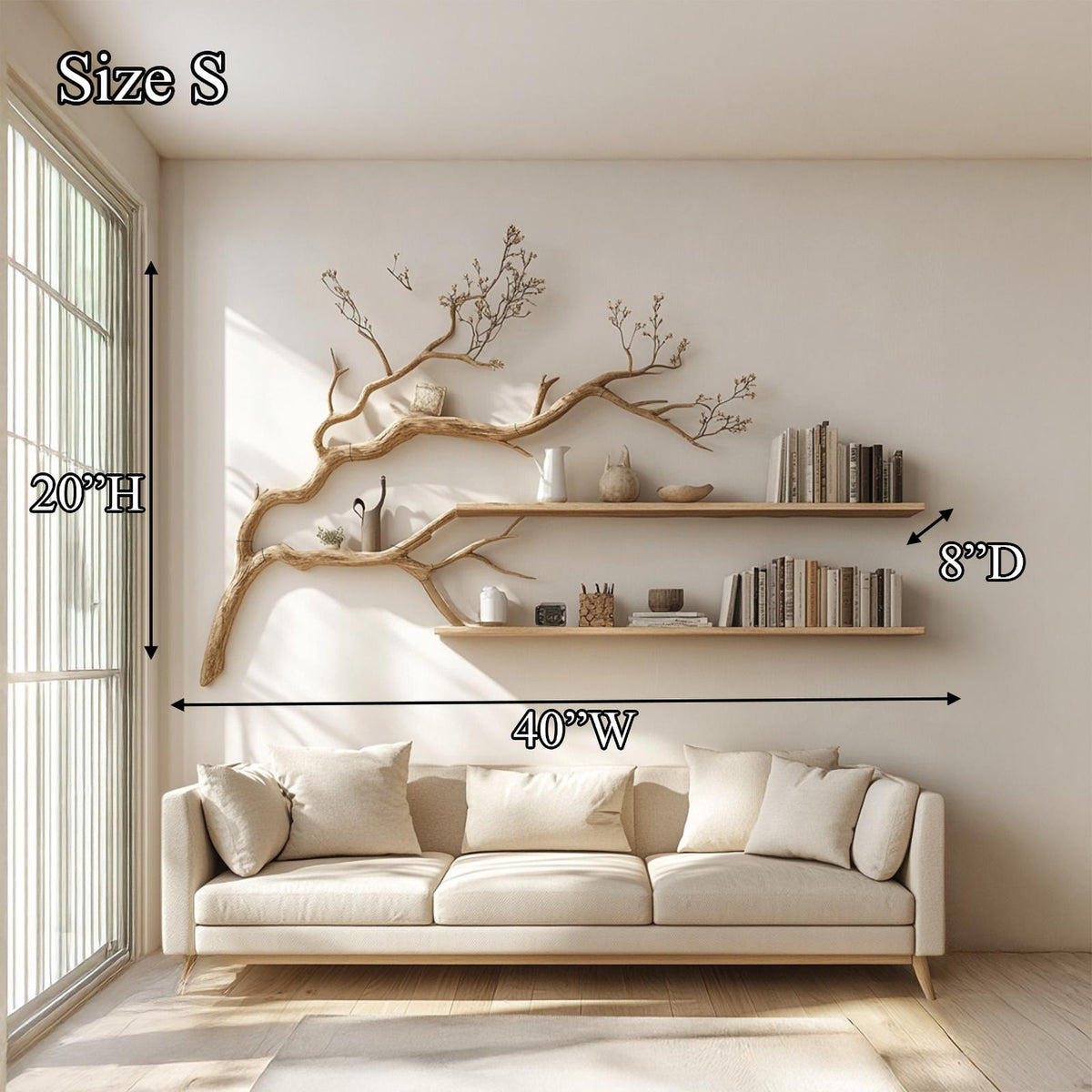 Rustic Organic Tree Display Shelf, Handcrafted Solid Wood Wall Mounted Bookshelf & Decorative Wall Art