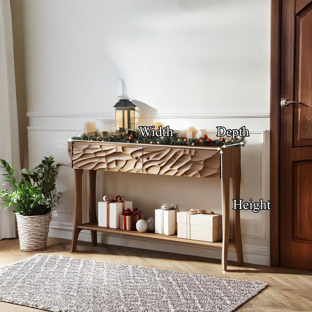Mid Century Modern Carved Console Table, Handcrafted Solid Wood Foyer Display, Entryway & Living Room Decor