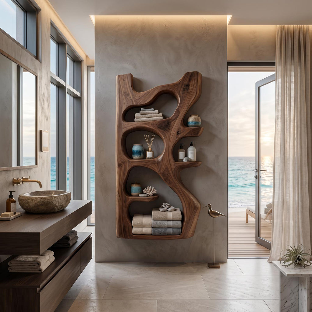 Handcrafted Sculpted Bathroom Shelf For Towels Or Storage