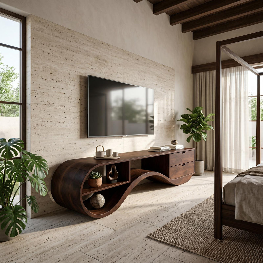 Minimalist Organic Wood TV Console, Mid-Century Modern Media Stand & Entertainment Center for Home Theater