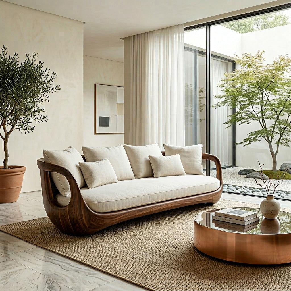 Organic Modern Sculptural Wooden Sofa, Artistic Living Room Couch, Contemporary Premium Timber Loveseat