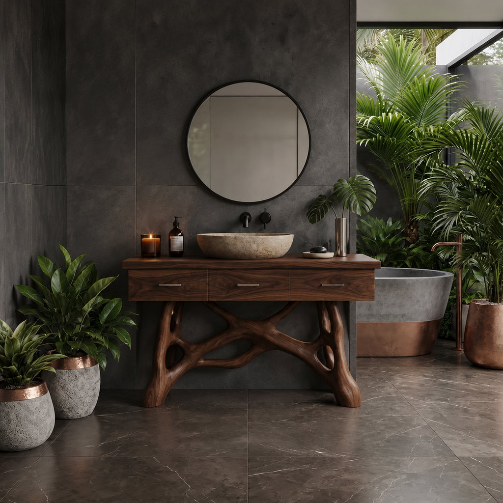Natural Wood Sink Vanity with Drawers, Handcrafted Solid Wood Master Bathroom Storage Cabinet Console
