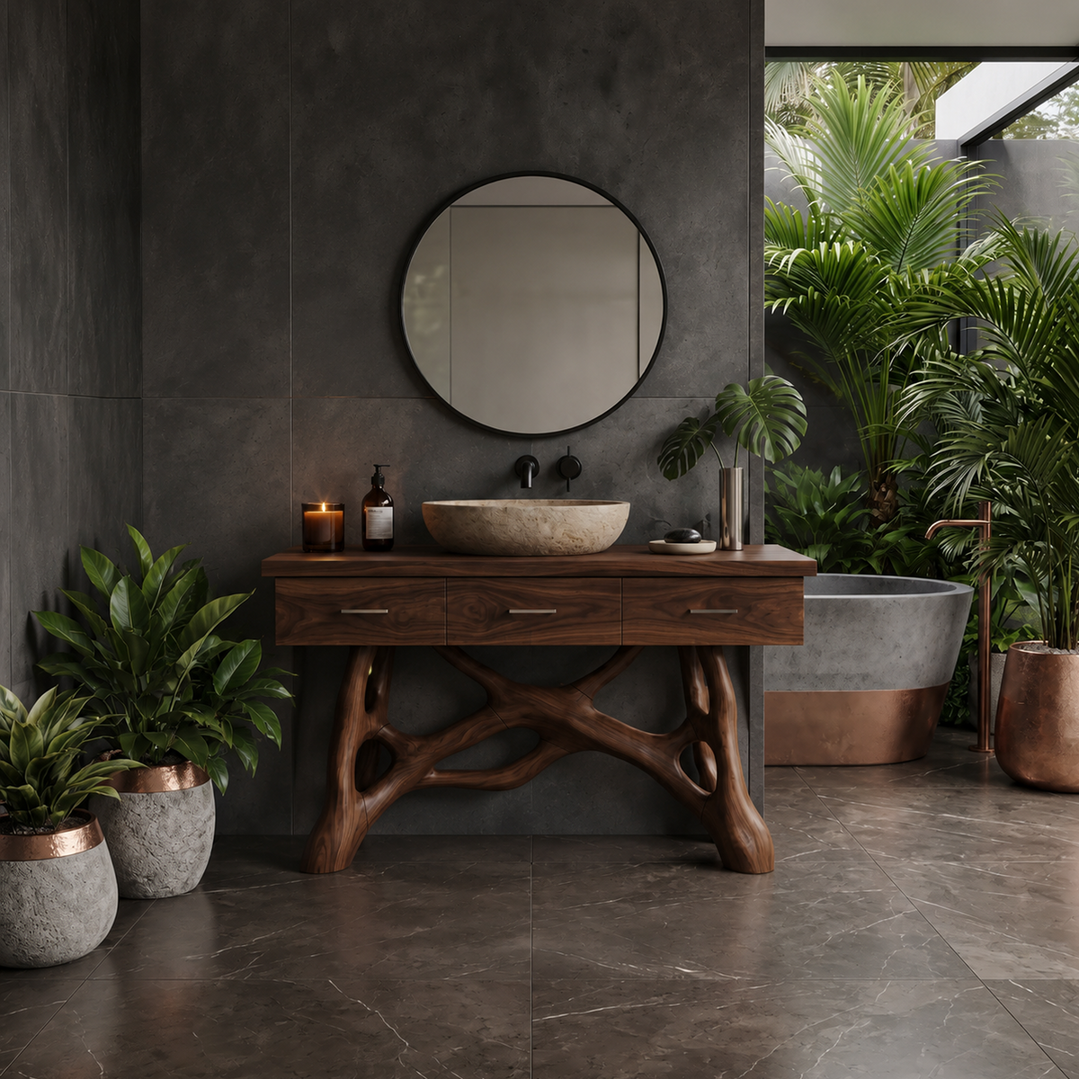 Natural Wood Sink Vanity with Drawers, Handcrafted Solid Wood Master Bathroom Storage Cabinet Console
