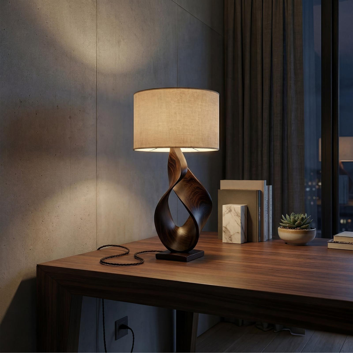 Contemporary Artistic Table Lamp, Creative Wood Desk Light for Home Office, Studio & Workspace