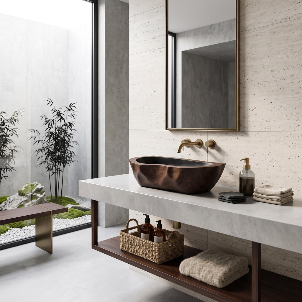 Mid Century Solid Wood Vessel Sink, Handcrafted Natural Live Edge Wooden Wash Basin for Modern Bathroom Vanity Makeover