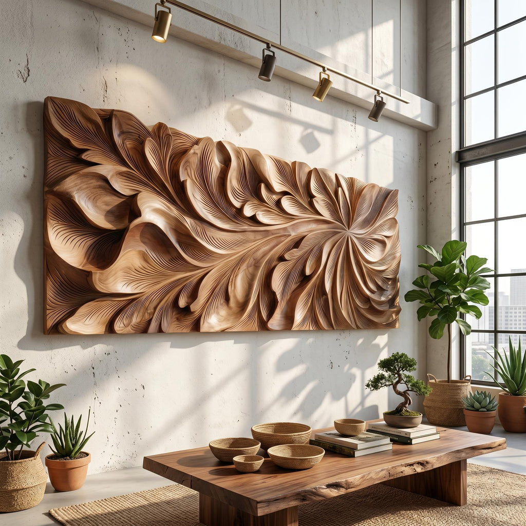Luxury Wooden Wall Art with Floral Carving, Elegant Carved Wood Wall Panel for Living Room