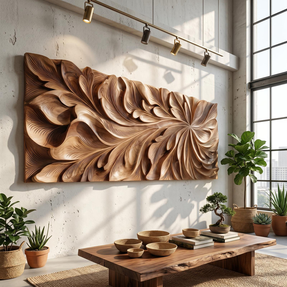Luxury Wooden Wall Art with Floral Carving, Elegant Carved Wood Wall Panel for Living Room