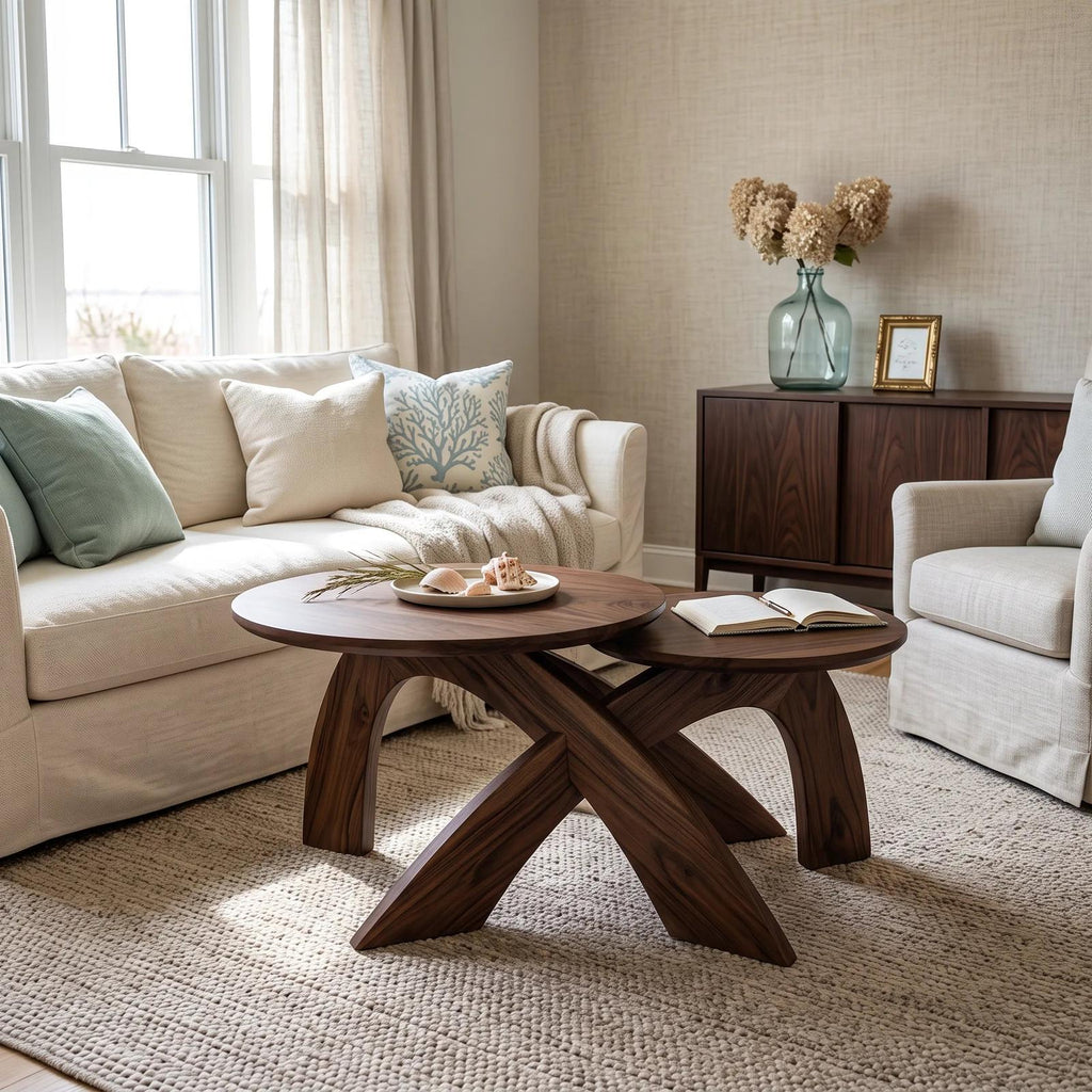 Mid Century Round Coffee Table Biophilic Living Room