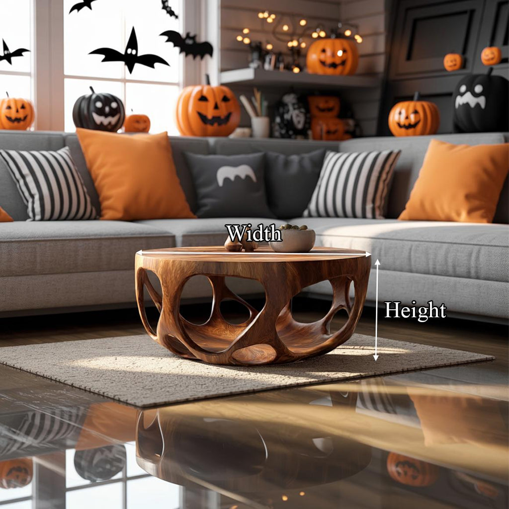 Mid-Century Natural Wood Coffee Table, Rustic Tree Branch Base Accent Center Table, Spooky Gothic Living Room Decor