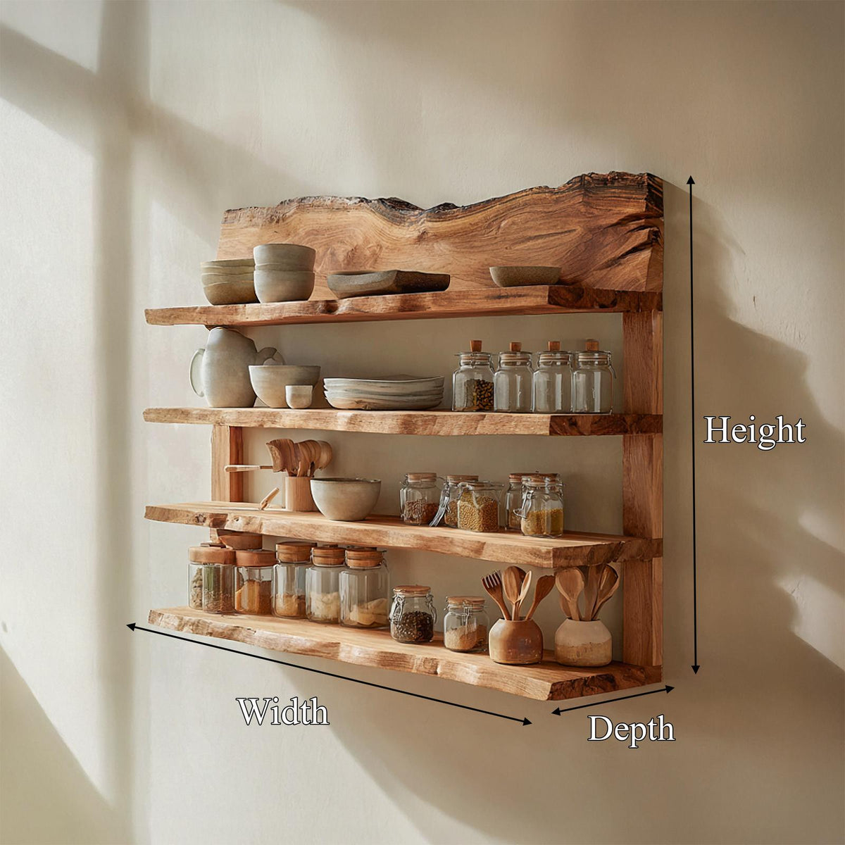 Rustic Wall Mounted Storage Shelf, Solid Wood Handcrafted Floating Spice Rack Organizer for Kitchen Dining Room