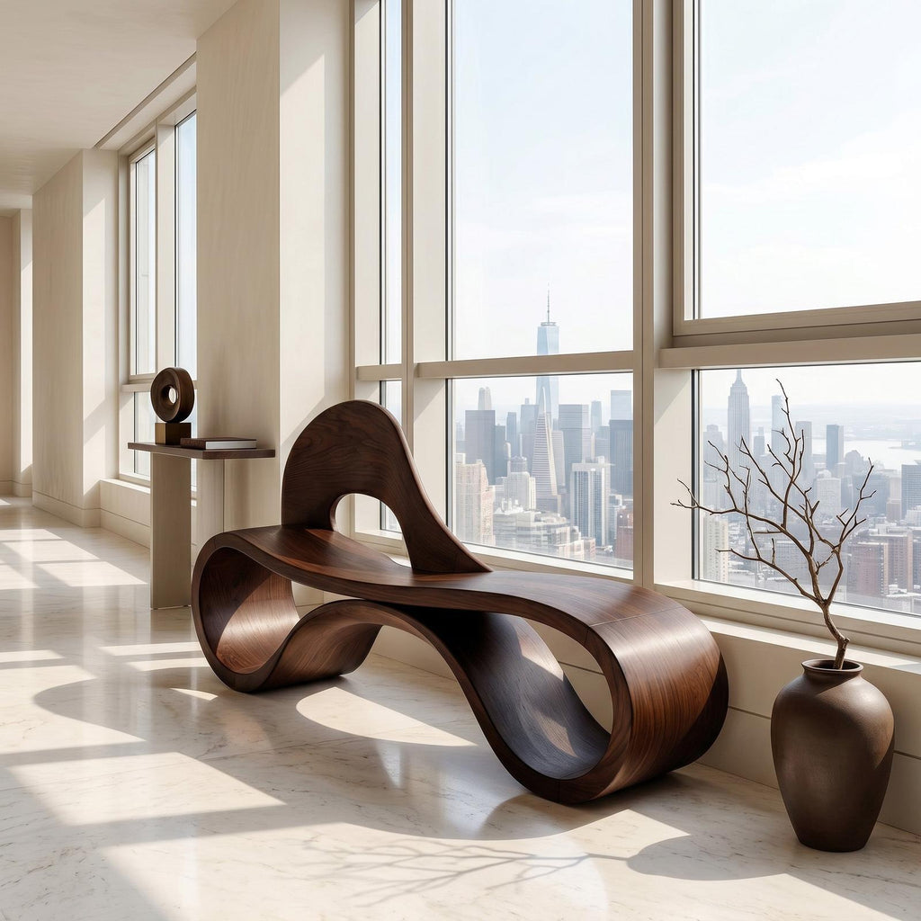 Artistic Wooden Bench With Flowing Sculpture For Luxury Interior RTTHHNCHR161