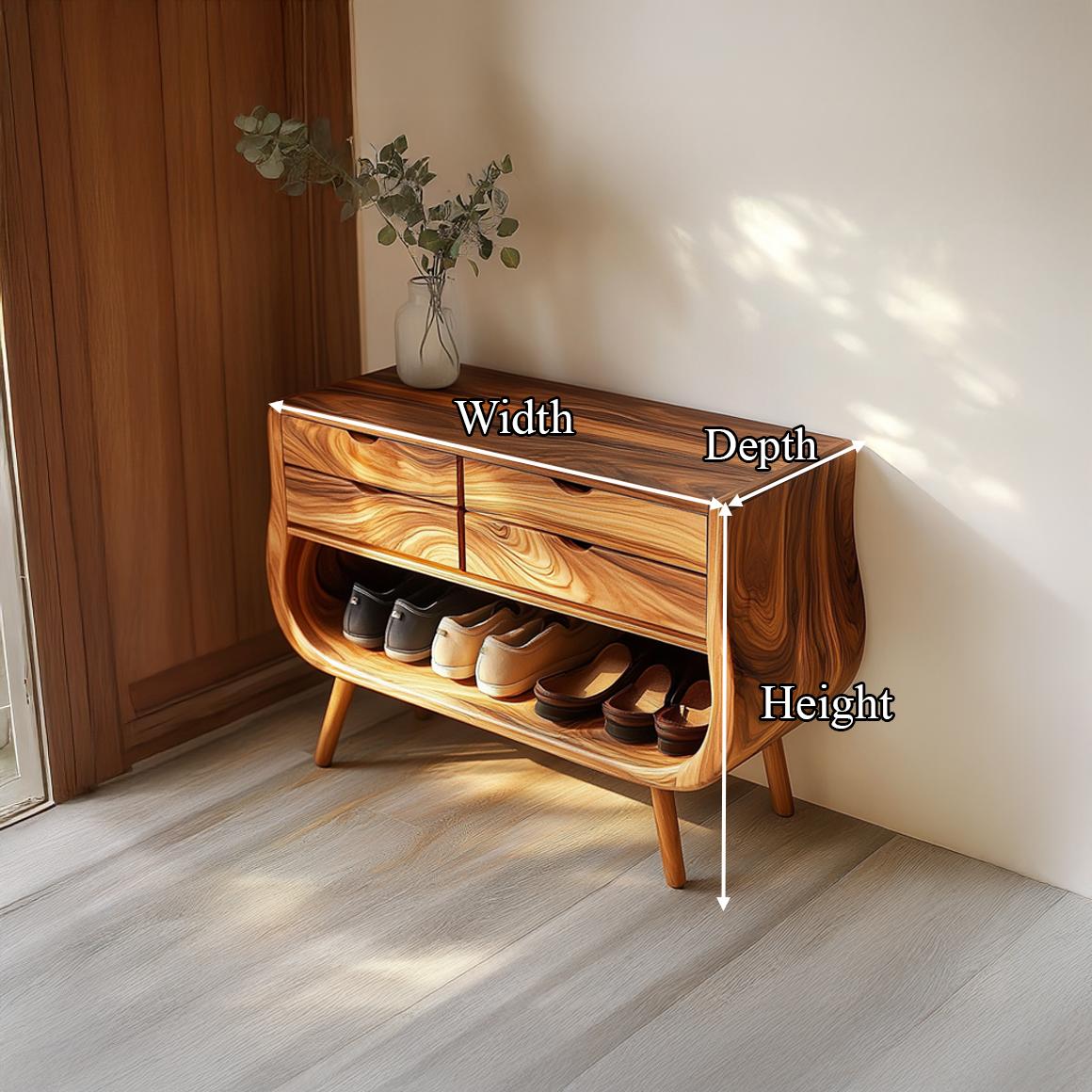 Mid Century Modern Shoe Organizer Bench, Soft Curved Solid Wood Storage Cabinet for Entryway, Reading Room