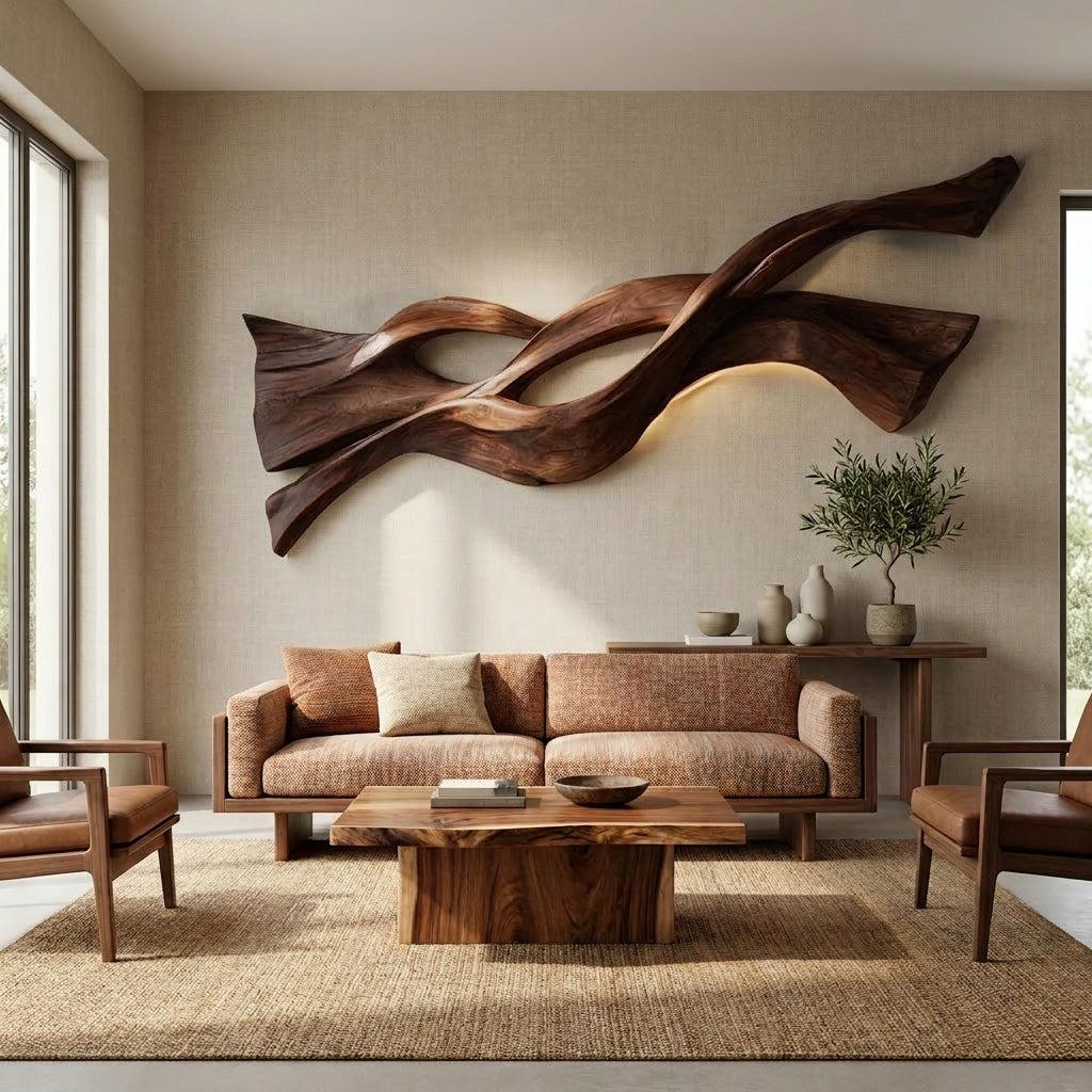 Contemporary Wood Wall Art, Flowing Abstract Wave Design 3D Carved Wood Sculpture for Living Room Decor