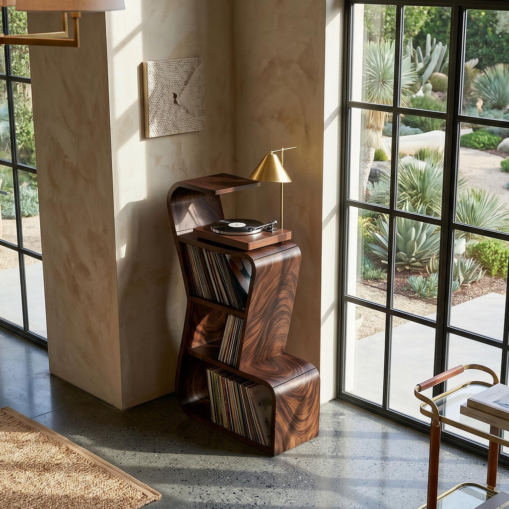 Modern Sculptural Wood Vinyl Record Stand, Handcrafted Premium Turntable Cabinet & LP Storage Rack, Model