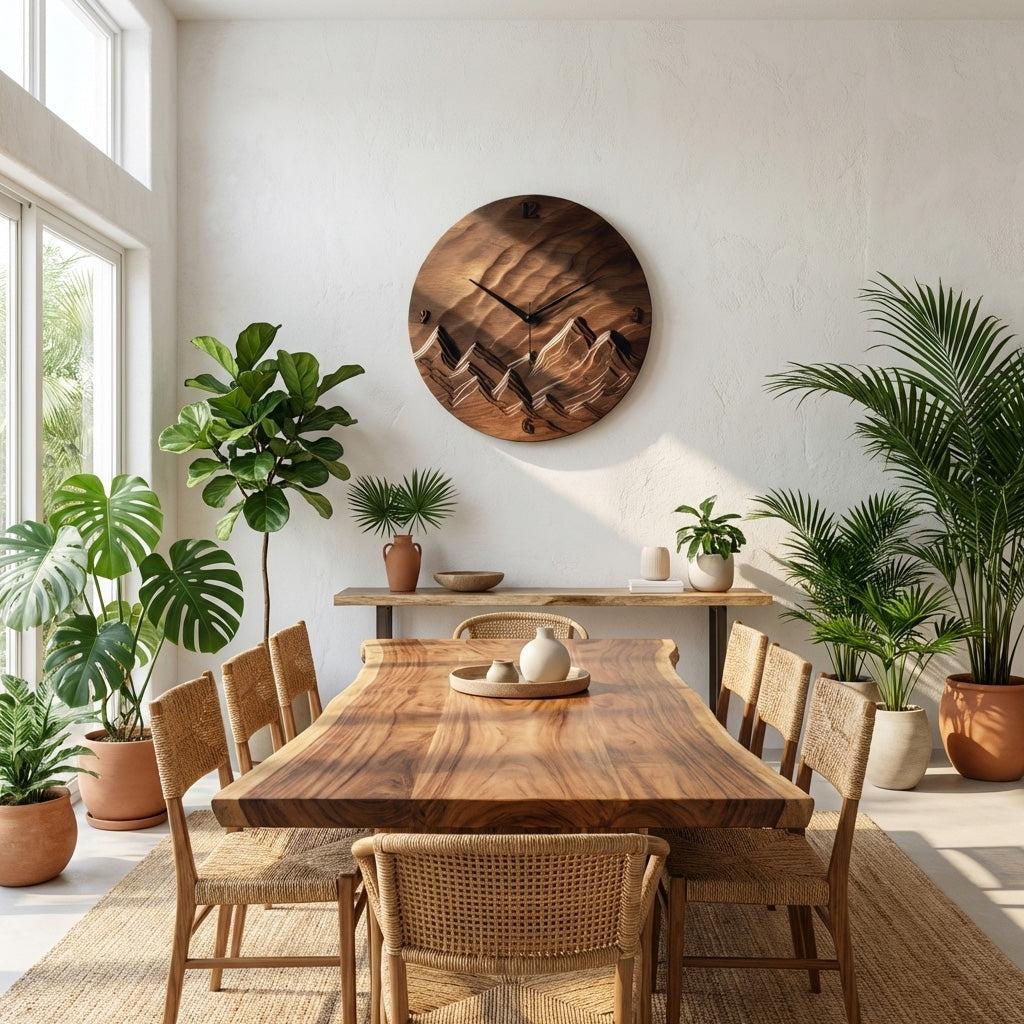 Rustic Wood Landscape Wall Clock, Handcrafted Nature Inspired Wooden Timepiece for Cabin & Living Room