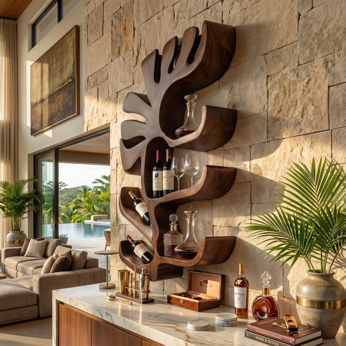 Farmhouse Wall Mounted Wine Rack, Rustic Solid Wooden Wine Bottle Holder and Glass Stemware Rack for Home Bar, Kitchen Dining Room