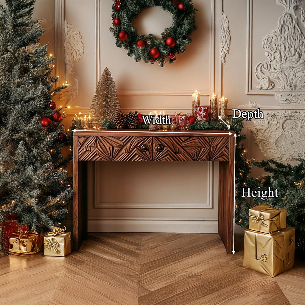 Rustic Carved Console Table, Handcrafted Solid Wood Entryway Table, Unique Foyer Holiday Display Table