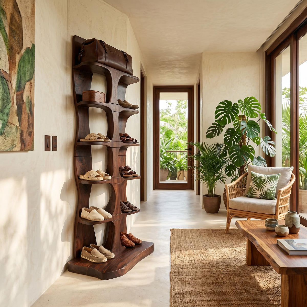 Mid-Century Tall Shoe Storage Rack, Wooden Multi-Tier Shoe Organizer Tower for Foyer & Entryway