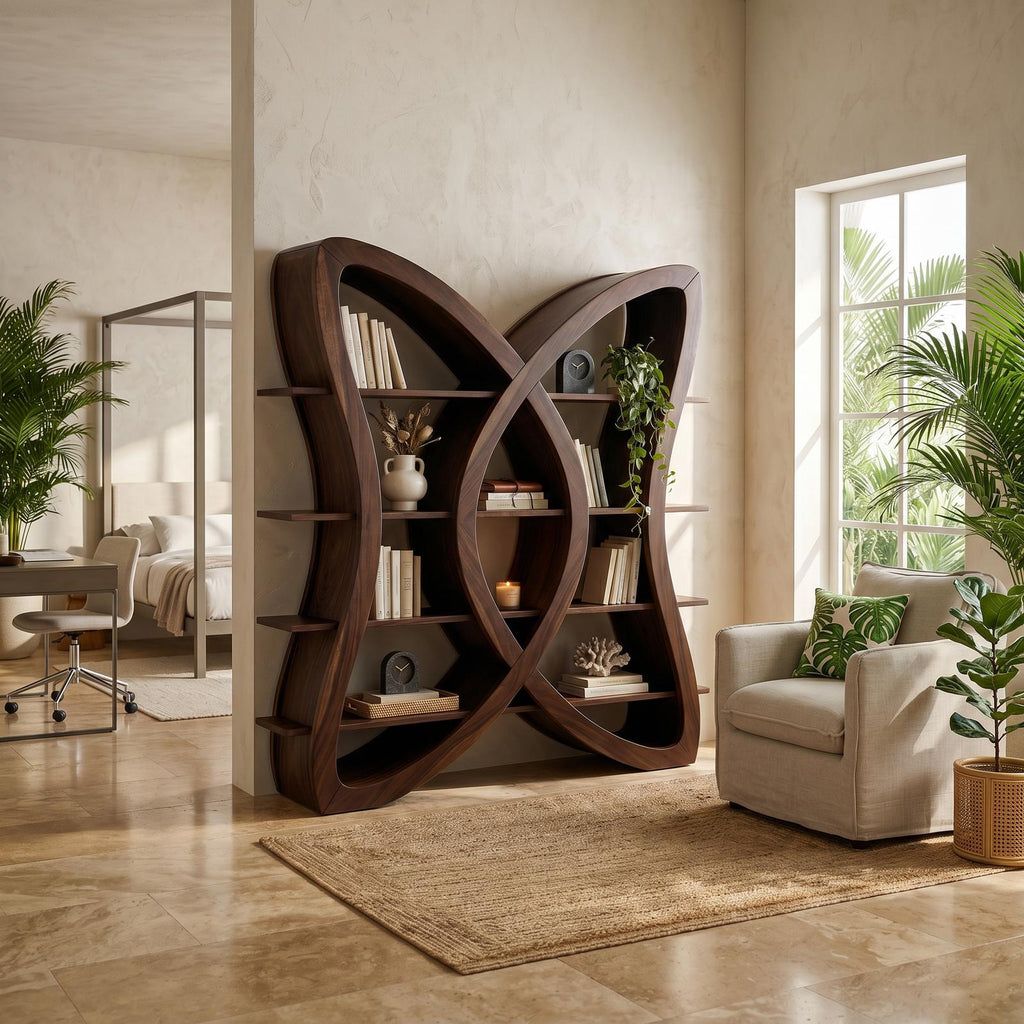 Butterfly Inspired Wooden Bookcase In Organic Style SILDTTRBS037
