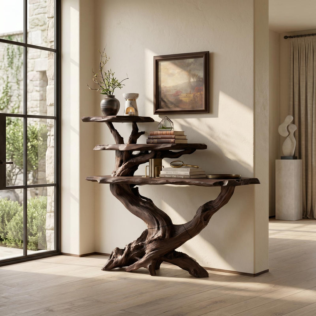 Spry Interior Cabin Black Driftwood Console Shelf, Rustic Wood Foyer Table for Stone Fireplace Room, Sofa & Entryway Table, SILDTTRCS063