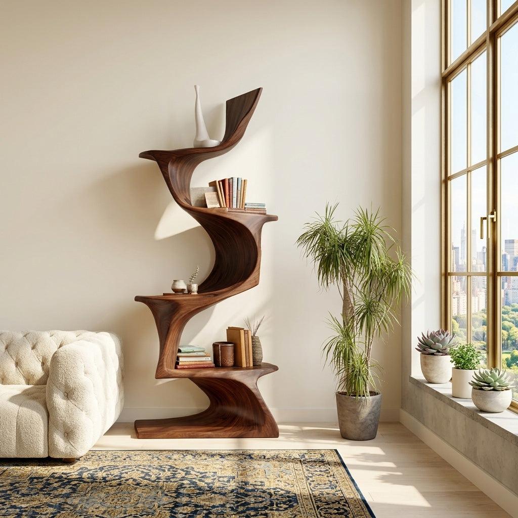 Organic Modern Natural Wood Bookshelf, Handcrafted Solid Wood Corner Bookcase for Living Room & Office Decor