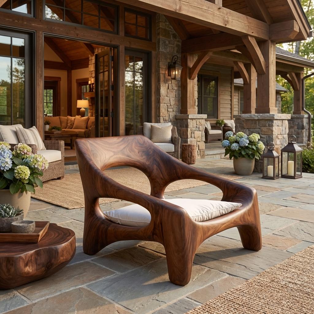 Contemporary Sculptural Wooden Chair, Handcrafted Solid Wood Outdoor Patio & Front Porch Accent Armchair