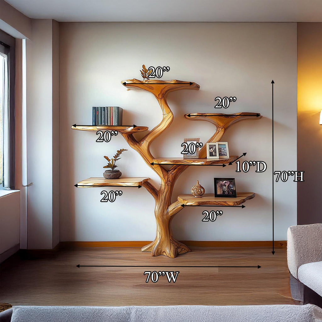 Rustic Mushroom Tree Bookshelf, Solid Wood Wall Hanging Bookcase & Artistic Display Unit for Living Room & Bedroom Decor