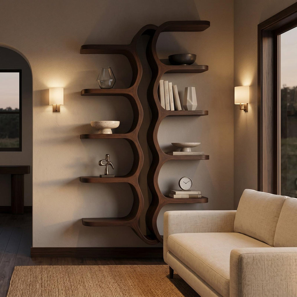 Organic Sculptural Wooden Wall Mounted Floating Shelf, Handcrafted Solid Wood Display for Living Room
