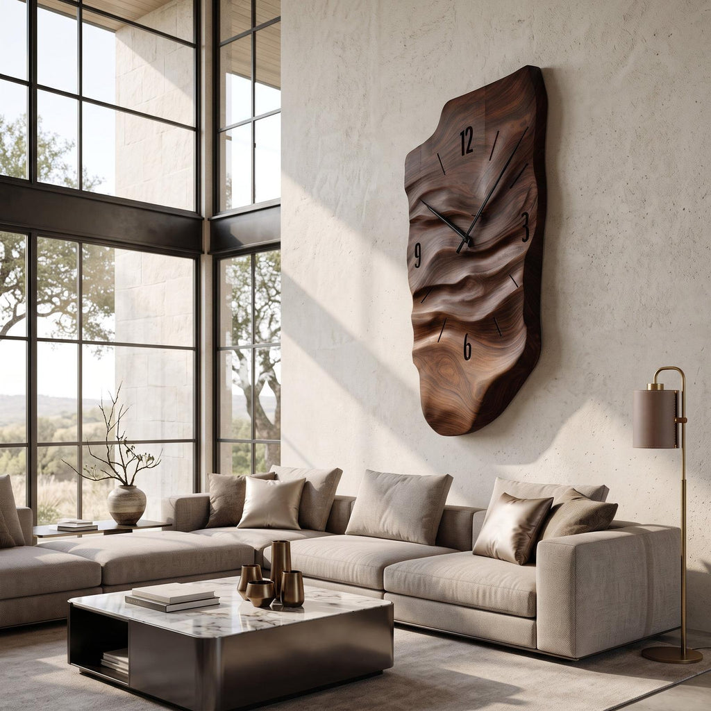 Modern Wall Clock, Carved Wood Circular Abstract Design Hanging Clock for Living Room & Bedroom Wall Decor