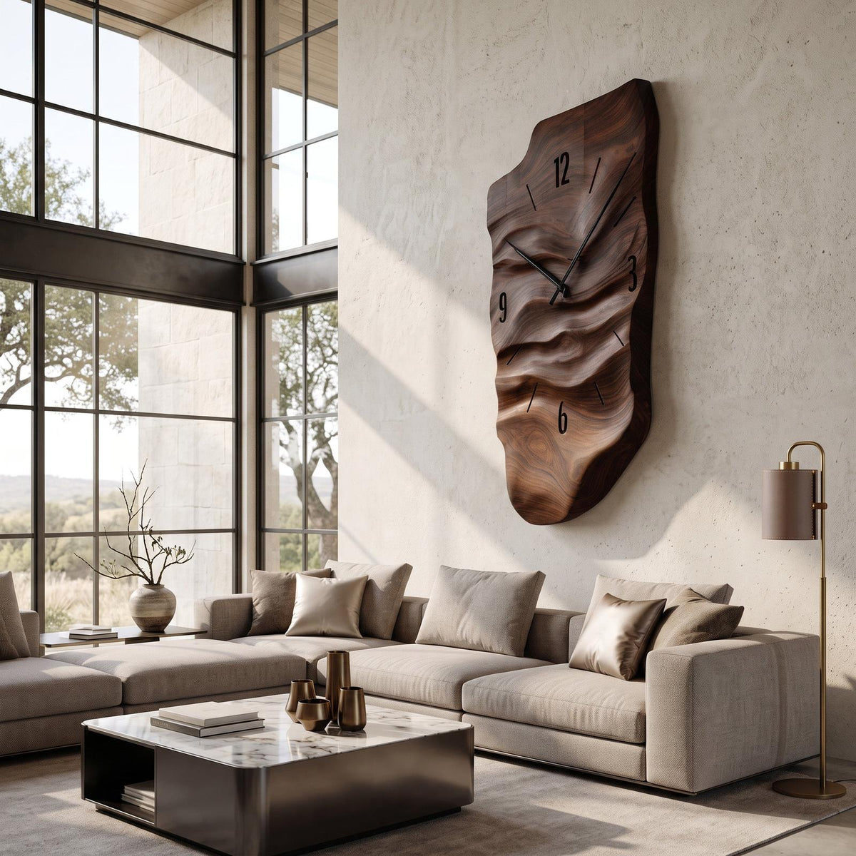 Modern Wall Clock, Carved Wood Circular Abstract Design Hanging Clock for Living Room & Bedroom Wall Decor