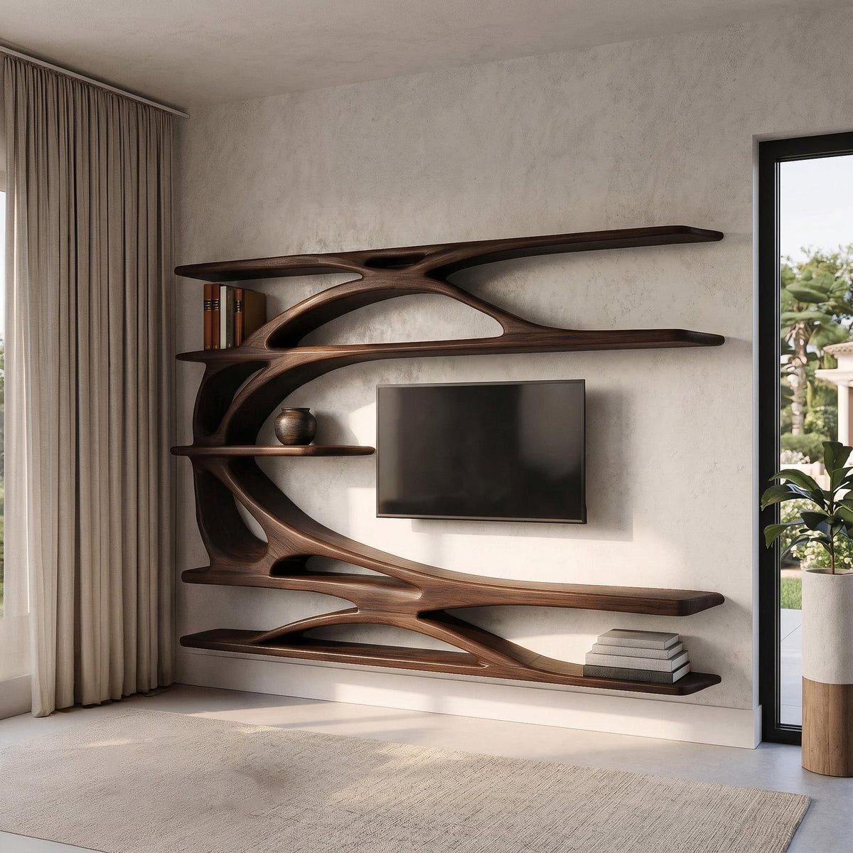 Modern Wall Mounted TV Stand With Bookshelf For Living Room