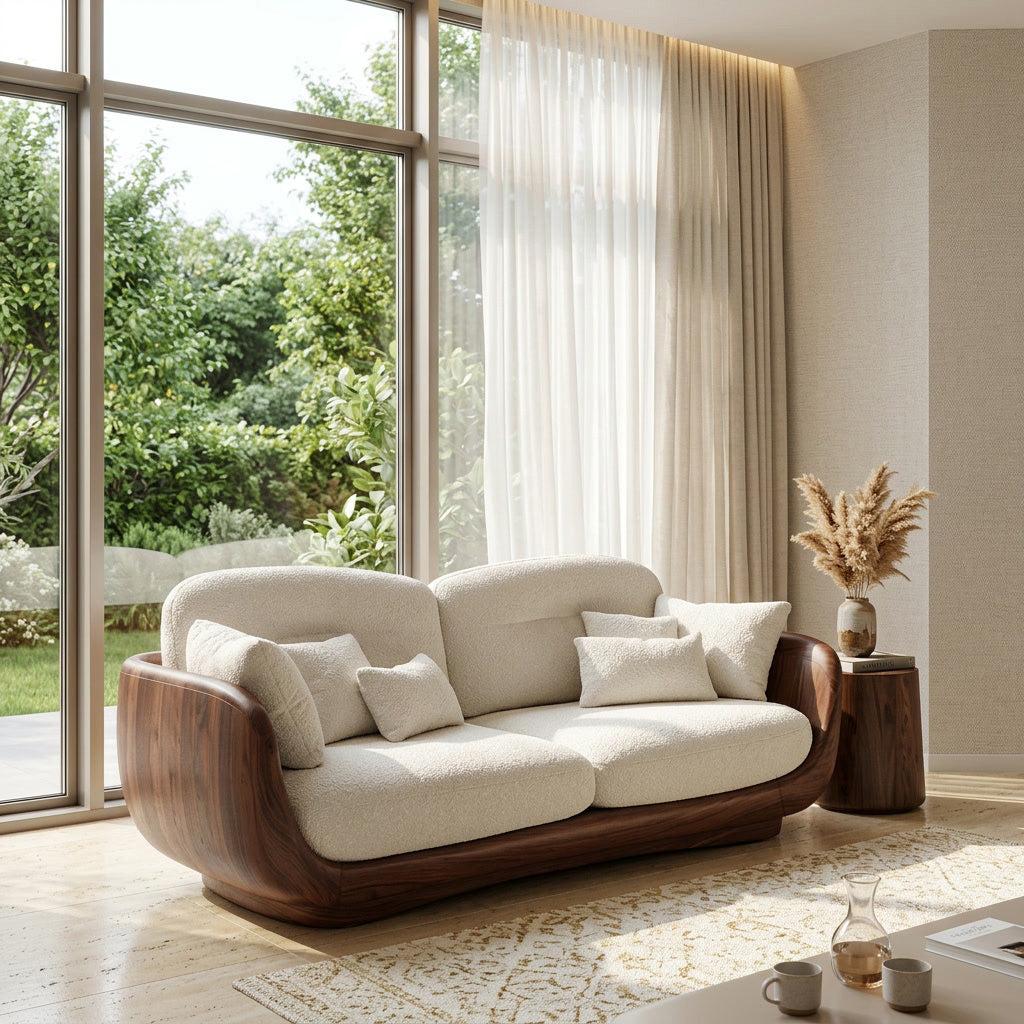 Organic Wooden Sofa with Rounded Edges, Contemporary Timber Loveseat Settee, Minimalist Couch for Living Room