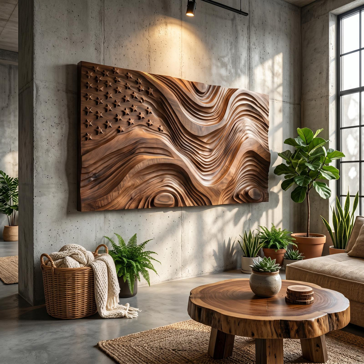 Rustic American Flag Wall Panel, 3D Wave Relief Wooden USA Flag Wall Art Decor