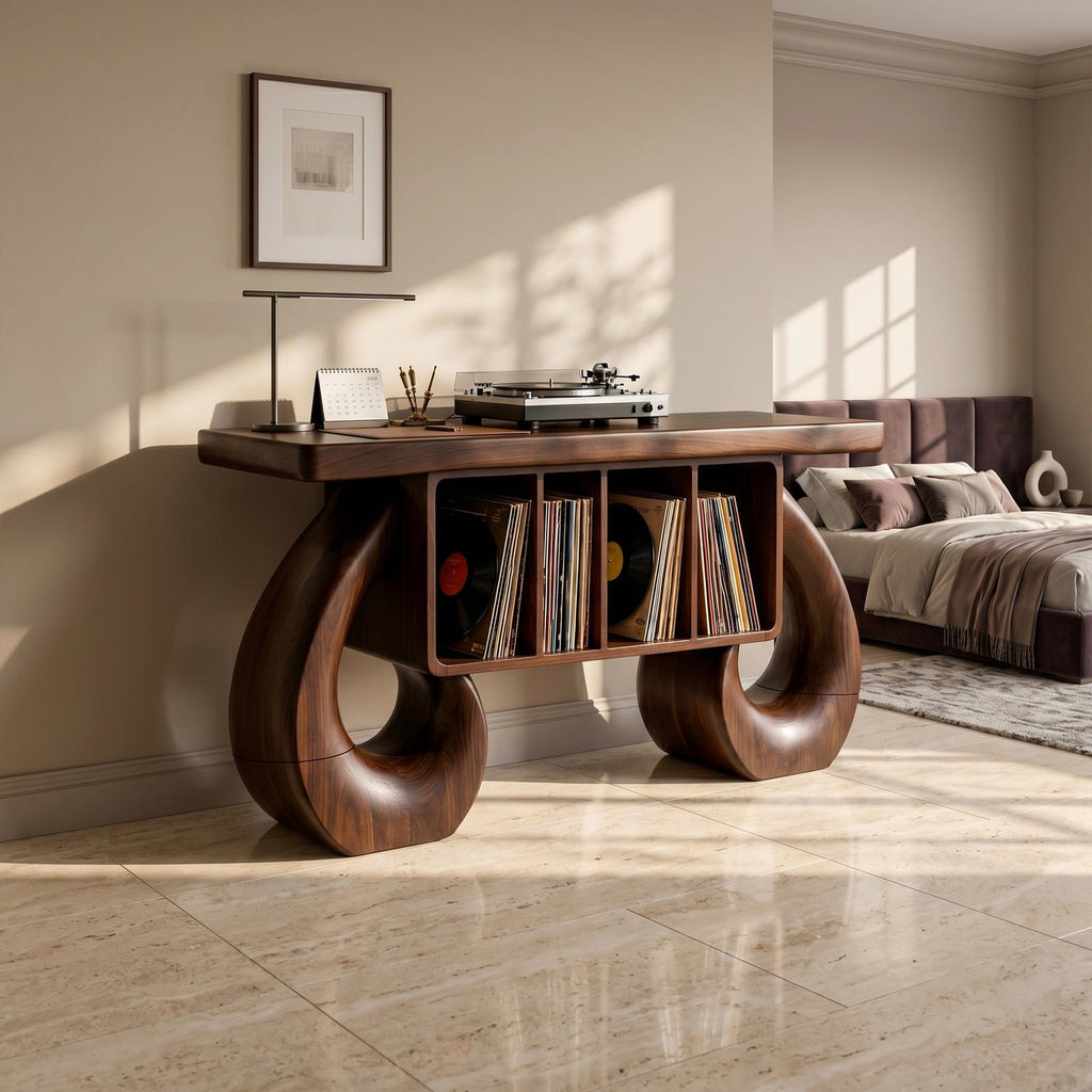 Sculptural Loop Record Player Console, Handcrafted Solid Wood Vinyl Storage Cabinet & Turntable Stand, Model