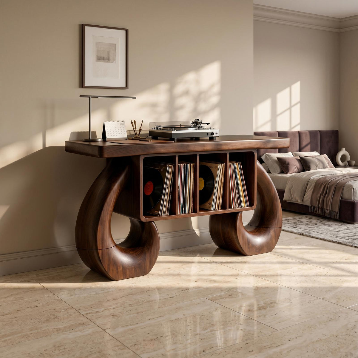 Sculptural Loop Record Player Console, Handcrafted Solid Wood Vinyl Storage Cabinet & Turntable Stand, Model