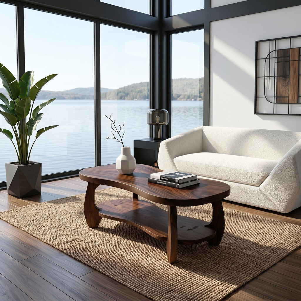 Tropical Oval Solid Wood Coffee Table, Mid-Century Modern Center Table for Living Room Lounge, Natural Finish