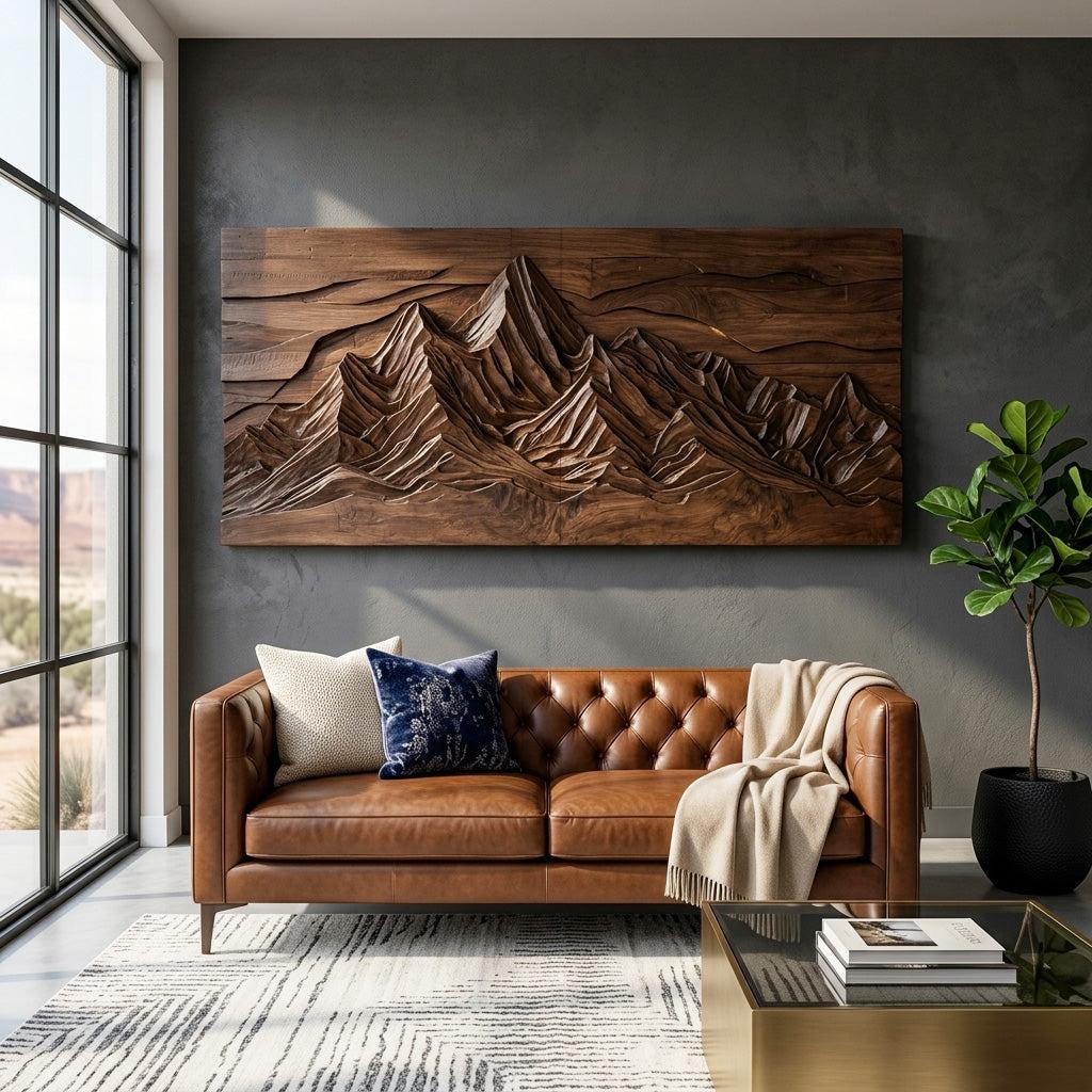 Mountain Peak Wood Wall Art, Handcrafted 3D Layered Carved Forest Wooden Panel Sculpture Sign for Holiday Decor