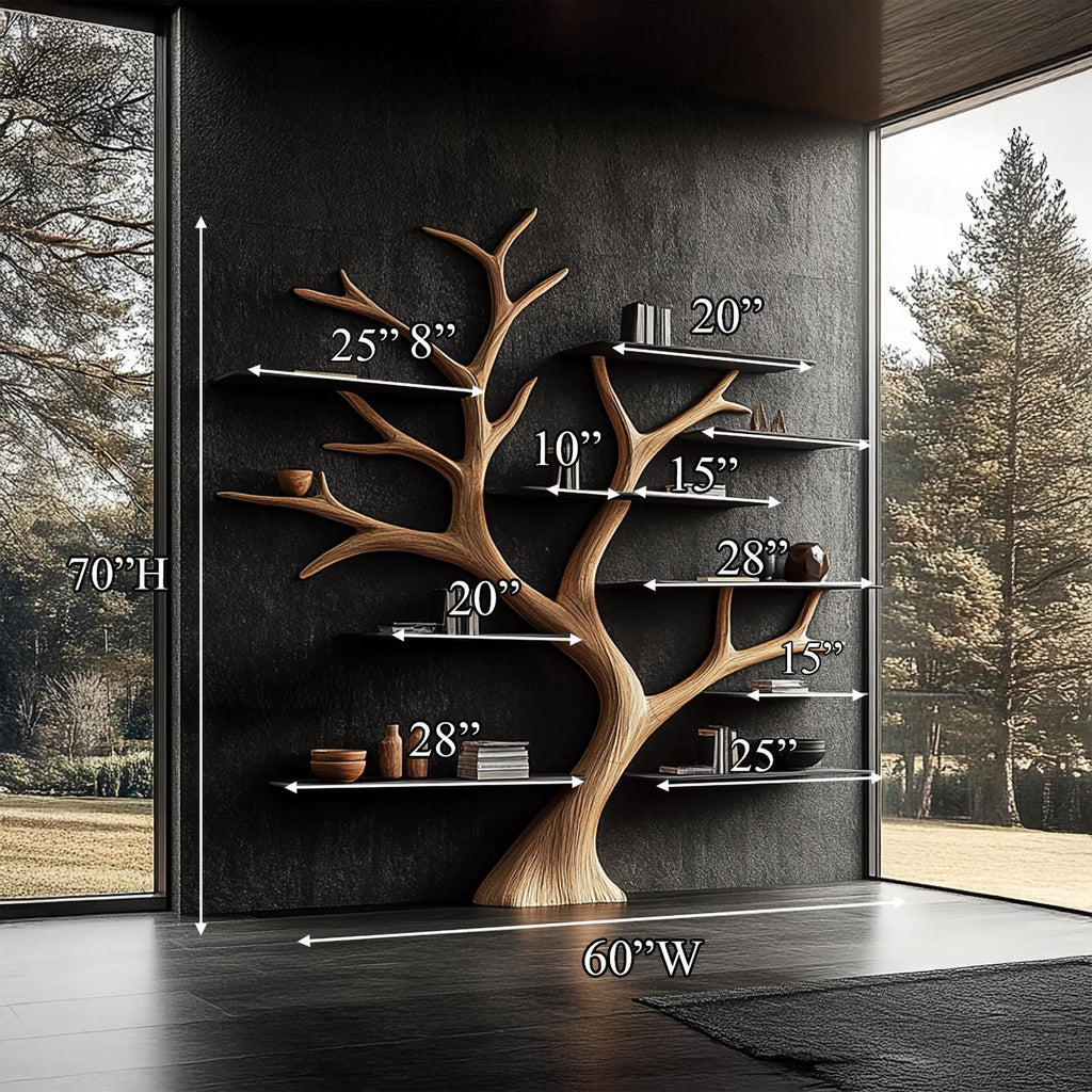 Rustic Wide Tree Bookshelf, Solid Wood Multi-Tier Floating Wall Bookcase for Home Office, Living Room Display & Storage