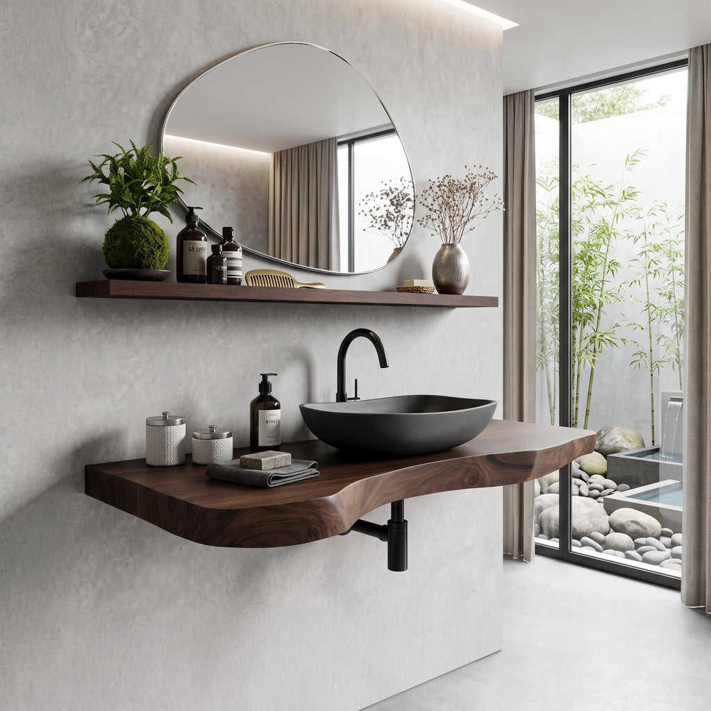 Spry Interior Rustic Live Edge Wood Bathroom Vanity, Floating Single Basin Sink Cabinet, Wall-Mounted Wood Under Sink Storage Unit