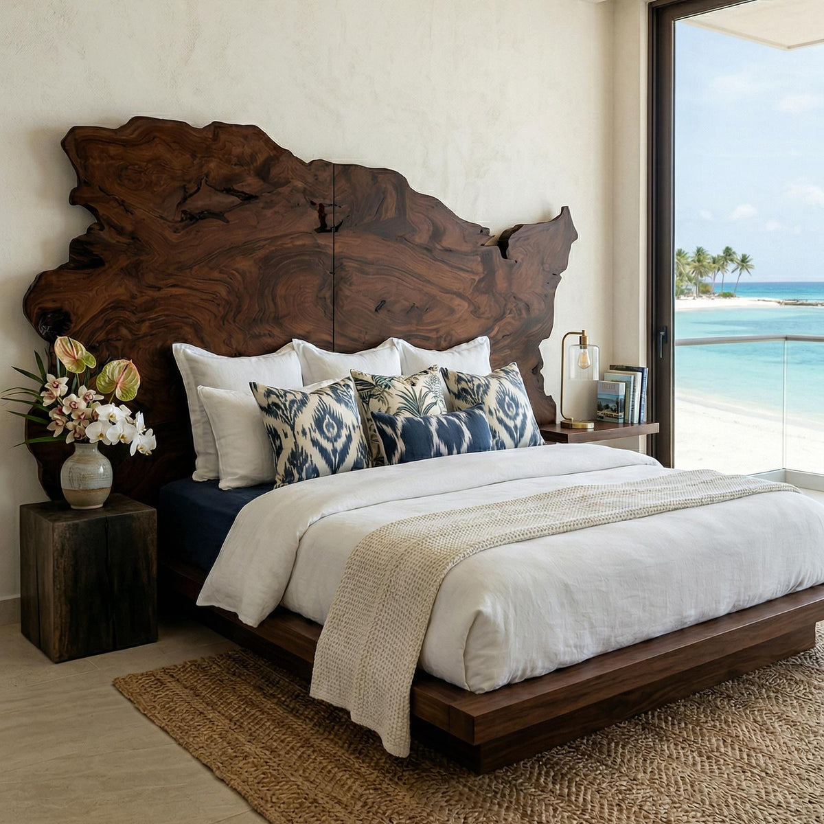 Organic Natural Live Edge Wood Headboard, Handcrafted Teak Wooden Headboard Panel for Minimalist Japandi Bedroom Decor