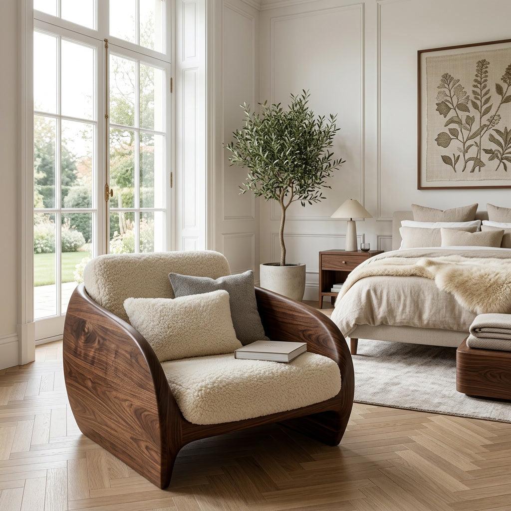 Modern Organic Natural Wood Chair, Ergonomic Handcrafted Solid Wood Accent Lounge Chair for Cozy Living Room, Model