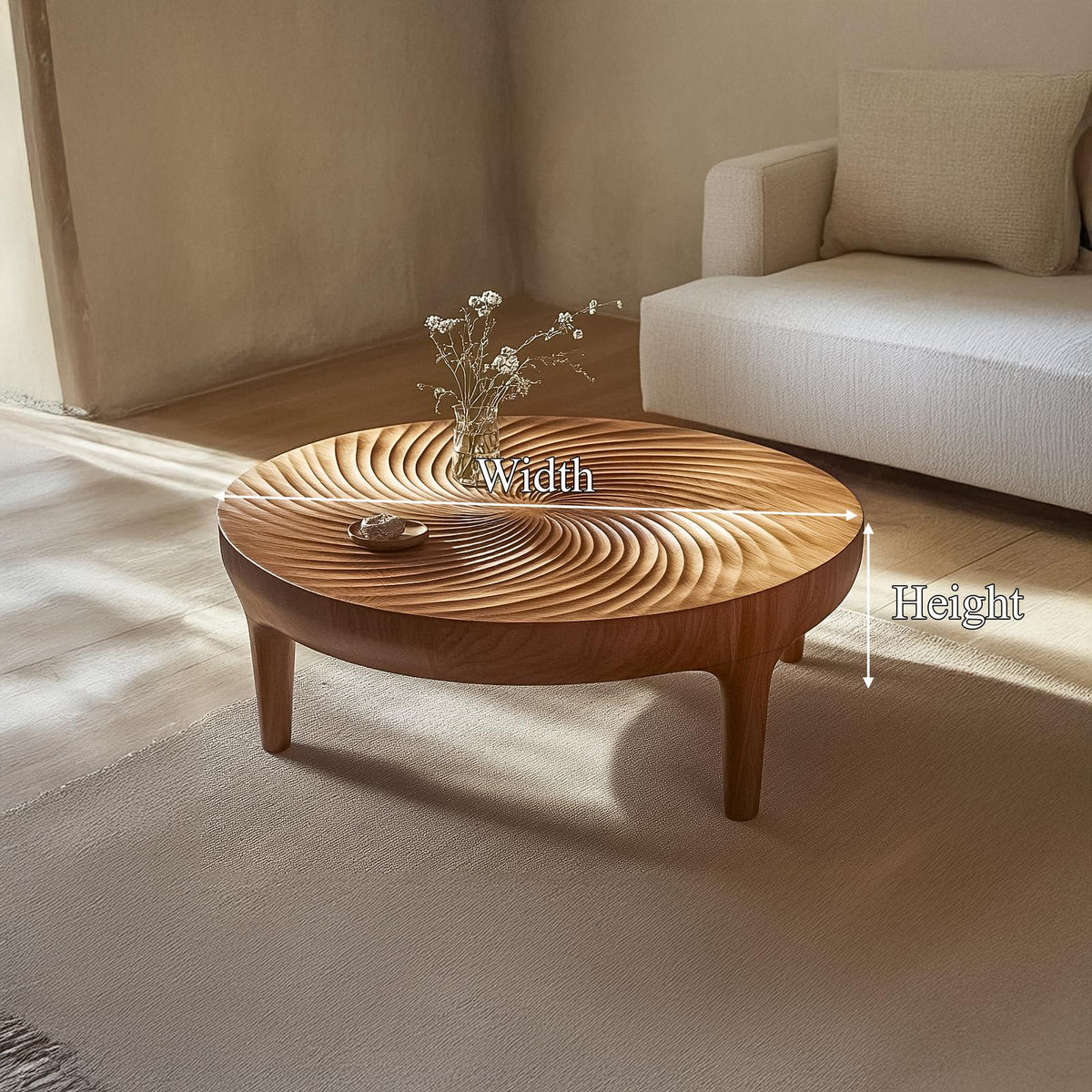 Ripple Carved Solid Wood Coffee Table, Artistic Handcrafted Center Table for Luxury Living Room Interior Decor