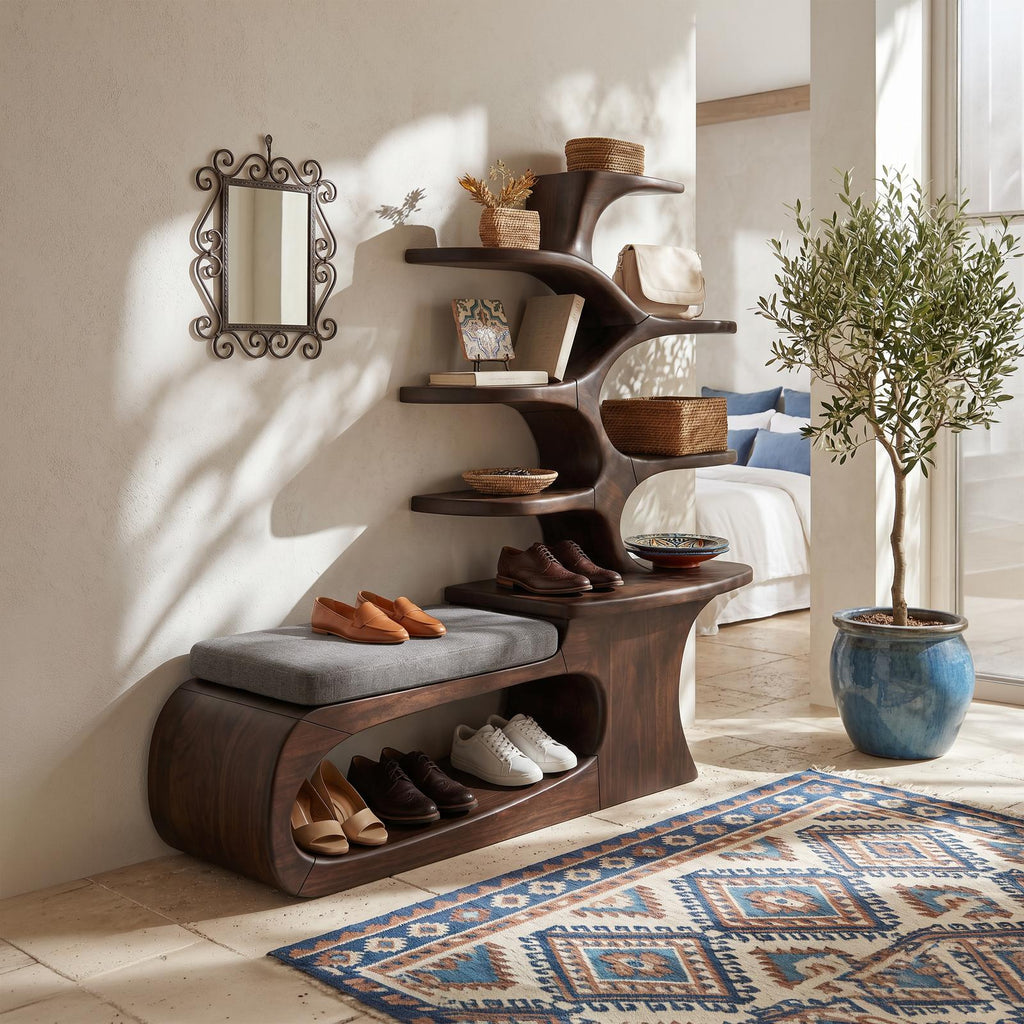 Japandi Solid Wood Shoe Rack Bench, Handcrafted Entryway Storage Shelf & Hallway Closet Organizer Stand